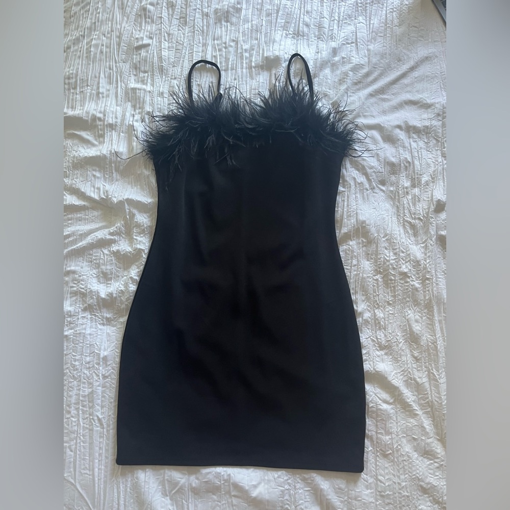 Elegant Black Feather Trim young adult Dress